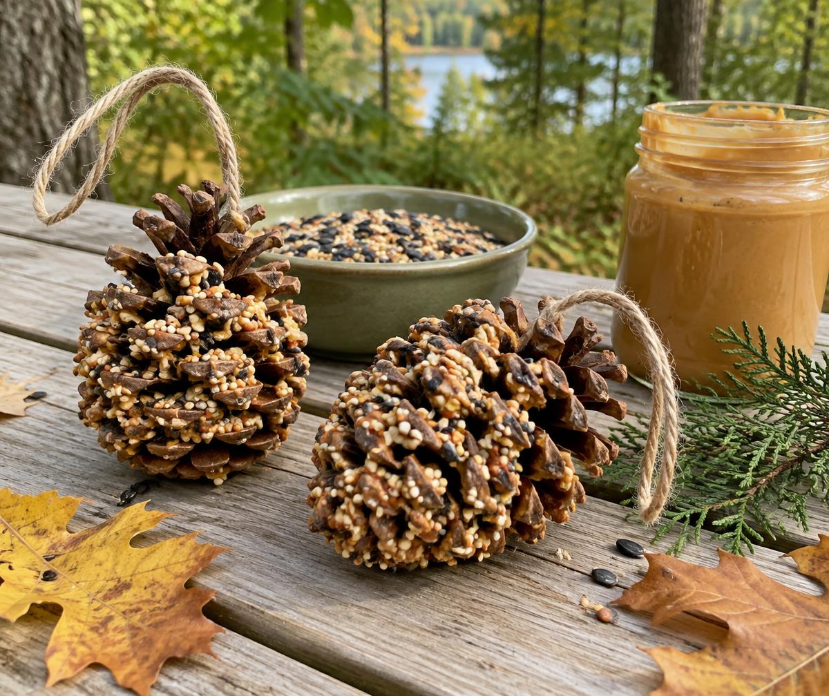 Pinecone bird feeders with birdseed and peanut butter on a picnic table